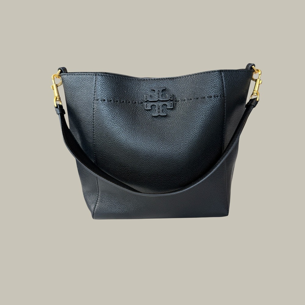 Tory Burch McGraw Small Bucket Bag Black Pebbled Leather Gold Hardware Handbag